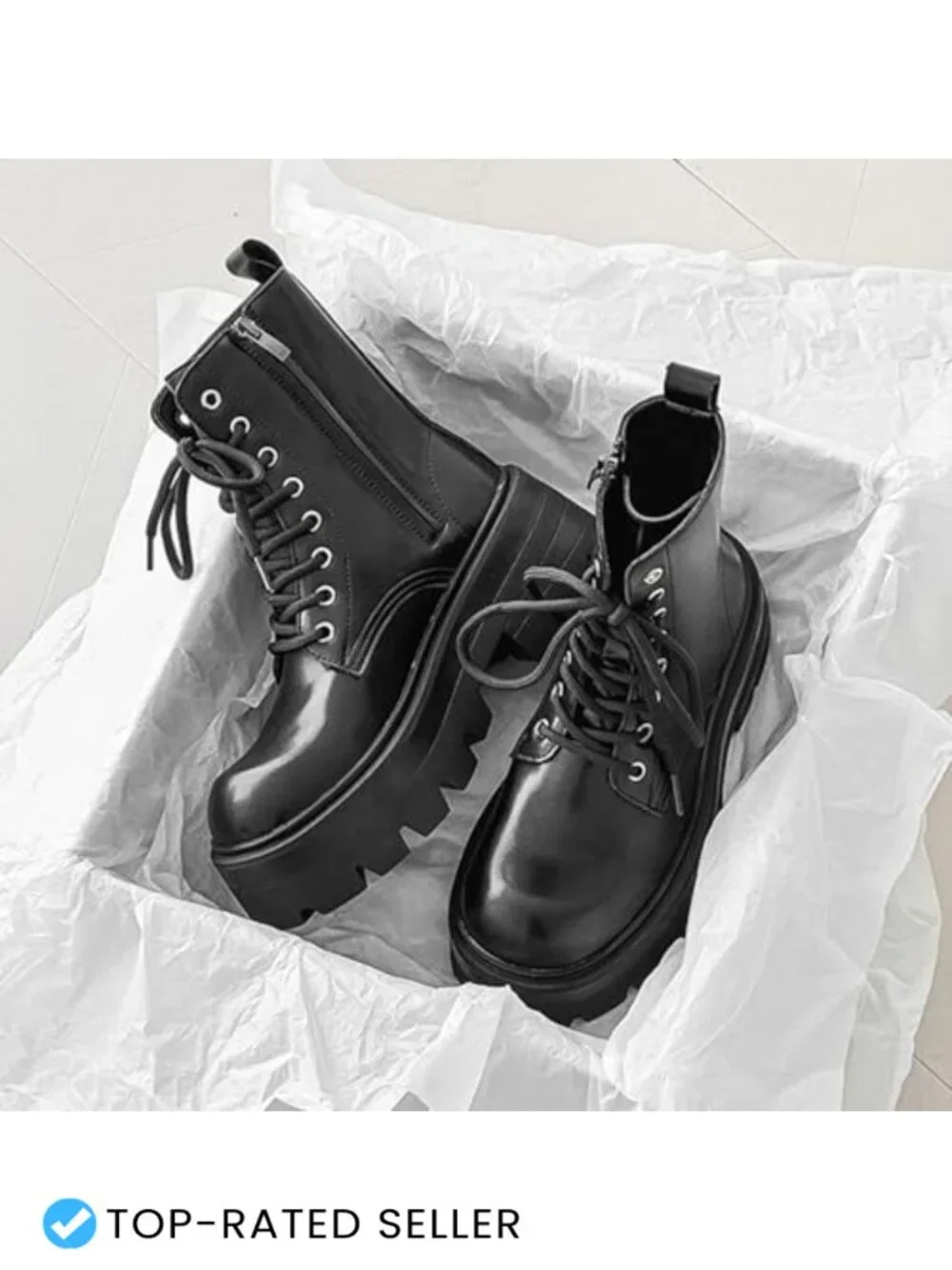 Black Leather Chunky Platform Combat Boots Side Zipper Lug Sole Ankle Boots